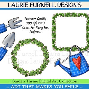 Pu&ograve; includere: Una collezione di arte digitale a tema giardinaggio. La collezione include una ghirlanda, un annaffiatoio, una paletta e un rastrello a mano. Il testo "Garden Thyme Digital Art Collection... ART THAT MAKES YOU SMILE" &egrave; incluso nell'immagine.