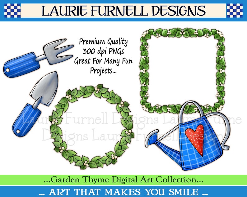 Pu&ograve; includere: Una collezione di arte digitale a tema giardinaggio. La collezione include una ghirlanda, un annaffiatoio, una paletta e un rastrello a mano. Il testo "Garden Thyme Digital Art Collection... ART THAT MAKES YOU SMILE" &egrave; incluso nell'immagine.