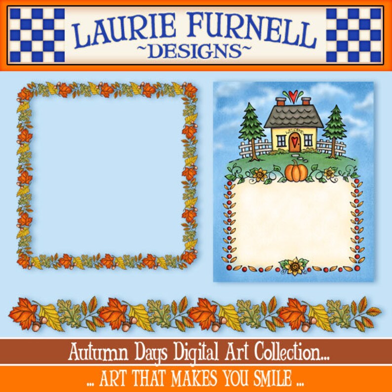 May include: A digital art collection featuring a fall-themed house with a pumpkin in front, a square frame with a fall leaf border, and a fall leaf border with acorns.
