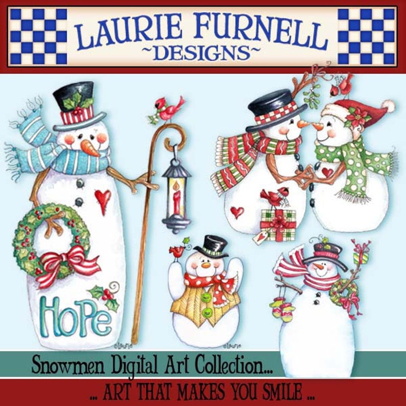 May include: A digital art collection of five snowmen with various winter accessories. The snowmen are wearing hats, scarves, and mittens. One snowman is holding a wreath, another is holding a lantern, and another is holding a gift. The snowmen are all smiling and have rosy cheeks. The text "Hope" is written on the bottom of the image.