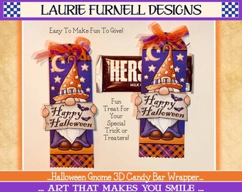 Halloween Candy Bar Wrapper, Unique Gnome Halloween Candy Bar Wrapper, Halloween Printables, Party Favors Laurie Furnell, Cute Gnome Wrapper