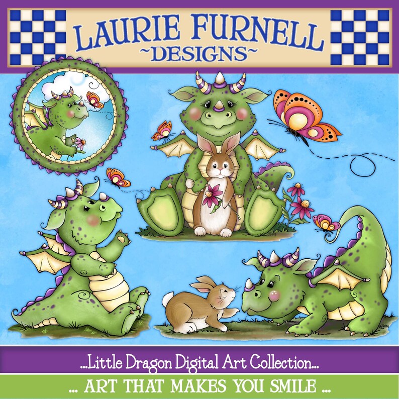 May include: A digital art collection featuring cute green dragons and bunnies. The dragons have wings and are in various poses. One dragon is holding a bunny. The bunnies are brown and white. The background is a light blue with flowers and butterflies.