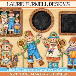 May include: A digital art collection featuring illustrations of scarecrows in various poses. The scarecrows are dressed in colorful clothing and holding items like sunflowers, pumpkins, and apples. The text "Hello Fall Scarecrows Digital Art Collection... ART THAT MAKES YOU SMILE..." is displayed at the bottom of the image.