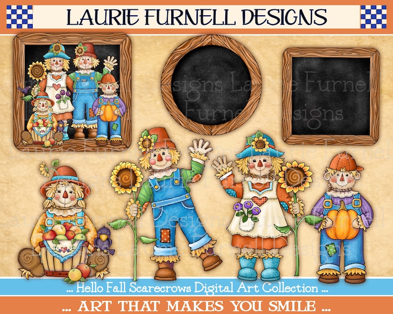 May include: A digital art collection featuring illustrations of scarecrows in various poses. The scarecrows are dressed in colorful clothing and holding items like sunflowers, pumpkins, and apples. The text "Hello Fall Scarecrows Digital Art Collection... ART THAT MAKES YOU SMILE..." is displayed at the bottom of the image.