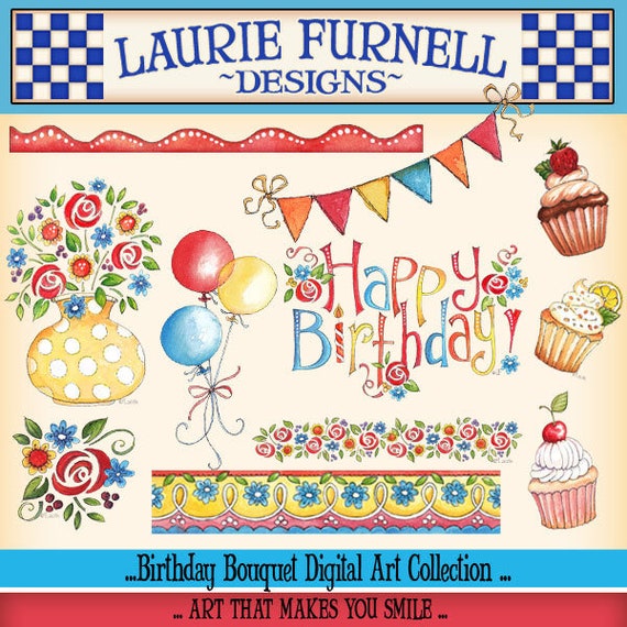 Birthday Clipart,Laurie Furnell Designs,Colorful Flower Clipart, Card Making,Printable Art, Cupcake Clipart, Background papers,Scrapbooking
