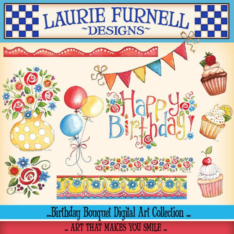 May include: A digital art collection of birthday themed illustrations. The collection includes a bouquet of flowers in a yellow polka dot vase, balloons, a banner, cupcakes, and a floral border. The text "Happy Birthday!" is featured in a colorful font.