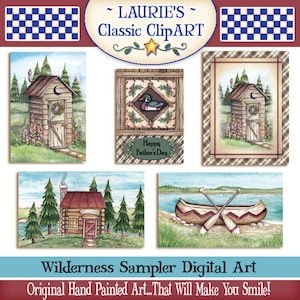 May include: A collection of digital art prints featuring rustic cabin scenes, a duck illustration, and a canoe on a lake. The art includes the text "Happy Father's Day" and "Wilderness Sampler Digital Art". The style is hand-painted with a country theme.