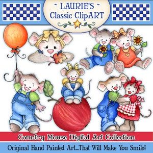 May include: A digital art collection featuring hand-painted illustrations of country mice. The mice are depicted in various poses, including holding a balloon, an apple, and a sunflower. The illustrations are in a whimsical style with bright colors and detailed features.
