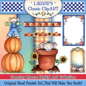 May include: A digital art collection featuring a country mouse theme. The collection includes a mouse standing on top of two pumpkins, a mouse peeking out of a flower pot, a frame with fall leaves, a tag with a mouse family, and two borders with fall leaves and pumpkins.