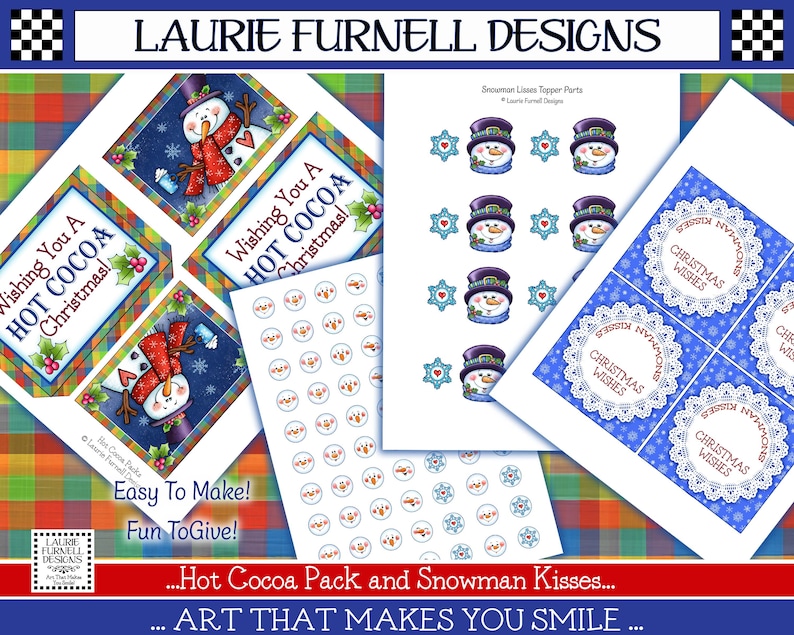 May include: Printable Christmas gift tags featuring a snowman with a red scarf and hat, a mug of hot cocoa, and the text "Wishing You A HOT COCOA Christmas!"  The printable sheet also includes a sheet of snowman faces and a sheet of blue and white snowflake designs.