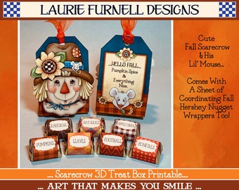 Fall Scarecrow Treat Box Printable, Scarecrow Printable, Fall Wrappers, Autumn Clip Art, Laurie Furnell, Fall Hershey Nugget Wrappers, PNG