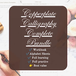 May include: A dark brown rectangular graphic overlay with white text reading Copperplate Calligraphy Complete Bundle, followed by a list including Workbook, Alphabet Sheets, Full learning, Full practice, and a yellow pointing finger icon labeled Best value.