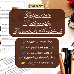 Pode incluir: Um livro de exercícios de caligrafia Copperplate com 141 páginas, incluindo 116 páginas de teoria e 25 páginas de prática. O livro apresenta textos instrutivos, diagramas, um frasco de tinta preta e uma coleção de vários porta-penas.