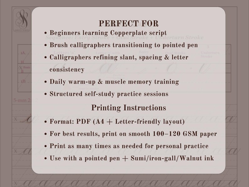 Copperplate Calligraphy Lowercase Practice Sheets | Beginner Traceable ...