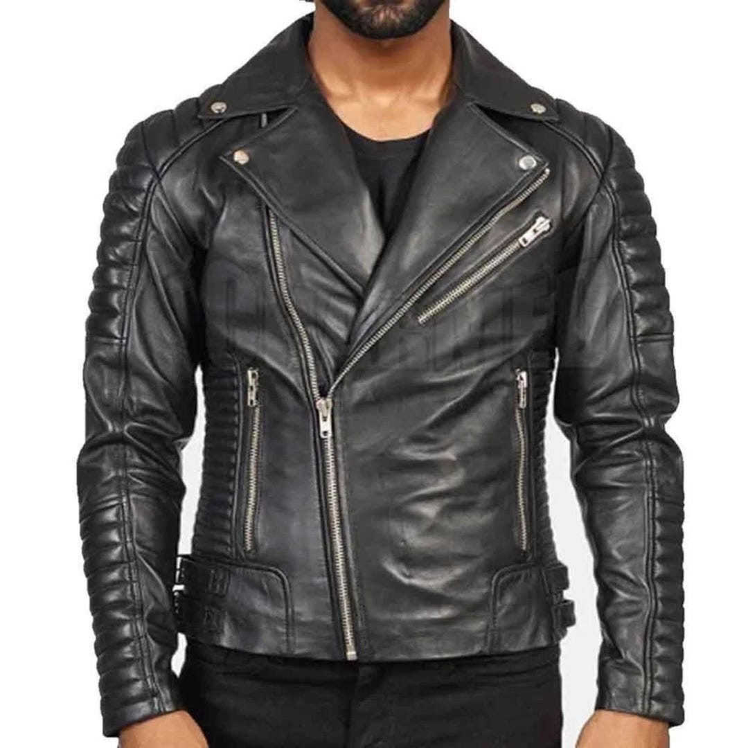 Men's Black Cafe Racer Jacket Real Sheepskin Leather Jacket Biker Coat ...