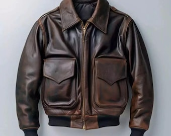 Giubbotto bomber A-2 marrone da uomo, giacca in vera pelle di vacchetta, cappotto da volo
