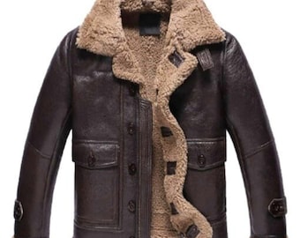 Men’s Brown Shearling Bomber Jacket Real Sheepskin Leather Jacket Pilot Coat