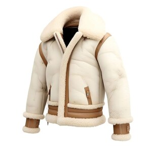 Könnte beinhalten: Cremefarbene Shearling-Jacke mit breitem, flauschigem Kragen und braunen Lederakzenten. Die Jacke hat einen Reißverschluss vorne, Taschen und braune Lederbesätze an den Kanten. Die Manschetten sind ebenfalls mit braunem Leder verziert. Ein warmer Wintermantel.