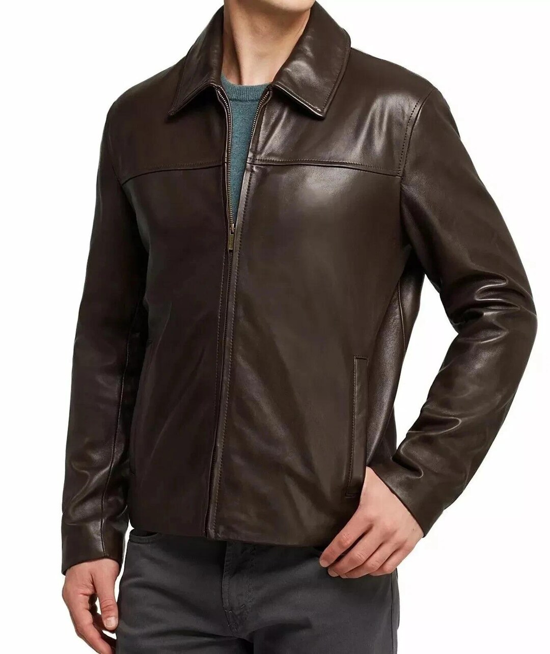 Men's Brown Cafe Racer Jacket Pure Sheepskin Leather Jacket Biker Coat ...