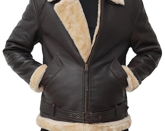 Men's Dark Brown Shearling Bomber Jacket Genuine Sheepskin Leather Jacket