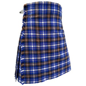 May include: A blue, brown, and white plaid kilt. The kilt features a traditional pleated design and a buckle closure. The fabric has a woven texture. The kilt is a traditional garment often worn in Scotland.