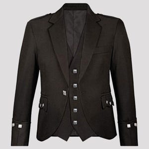 May include: A black formal jacket and waistcoat set. The jacket has silver square buttons, epaulettes, and decorative flaps. The sleeves have silver square cuff links. This tailored jacket is suitable for formal occasions.