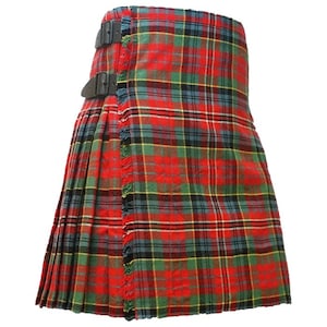May include: A Scottish kilt in a red, green, blue, and yellow tartan design. The kilt has pleats, fringed edges, and two leather straps with buckles. This traditional garment is a classic piece of Scottish attire, often worn for formal occasions.