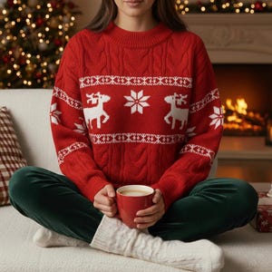 Peut inclure: Un pull rouge en tricot torsadé avec des motifs de rennes et de flocons de neige blancs. La personne porte un pantalon en velours vert et des chaussettes en tricot blanc. Une tasse rouge est tenue.