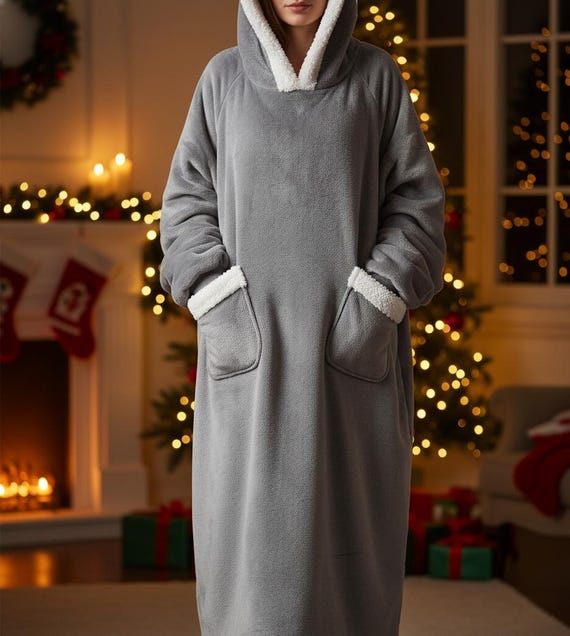Oversized Flannel Hoodie Blanket – Ultra Soft Wearable TV Blanket, Giant Winter 2025 Fleece Sweatshirt with Sleeves