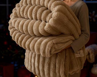 Striped Plush Flannel Blanket • Thick Soft Fleece Throw • Cozy Bed & Sofa Cover • Warm Multi-Purpose Travel Blanket
