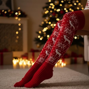 Winter Knit Over-the-Knee Socks for Women, Warm Snowflake & Elk Long Stockings, Cozy Casual Christmas Gift