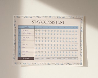 Star Habit Tracker Blue Floral Printable A3, Sticker Reward Chart, 28 Day Goal Tracker