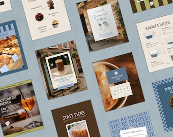 Op de afbeelding: Een verzameling promotiemateriaal met caféthema, waaronder menu's en advertenties. De items bevatten afbeeldingen van eten en drinken, zoals gebak, koffie en cocktails. Tekst bevat "Bottomless Brunch", "Barista Notes" en "Coffee Lovers Club".
