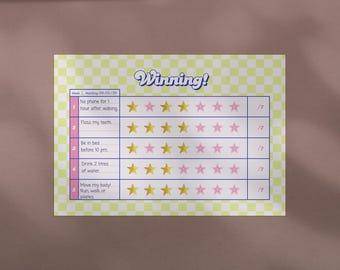 May include: A colorful habit tracker with the word "Winning!" in a playful font. The tracker features a grid with checkboxes and star icons for daily goals like "No phone for 1 hour after waking" and "Drink 2 litres of water."
