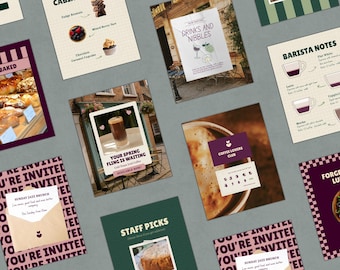 May include: A collection of promotional cards for a cafe, featuring images of baked goods, coffee, and drinks. Cards include text like "Drinks and Nibbles", "Coffee Lovers Club", and "Your Spring Fling is Waiting". The cards are arranged on a gray surface.