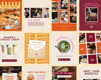 May include: A collage of promotional graphics for a cafe. The images feature baked goods, coffee, matcha, and summer drinks. Text includes "Freshly Baked," "Our Story," "Summer's Coolest Lineup," "Matcha Moments," and "Baby It's Cold Outside."