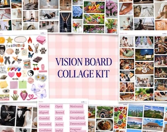 May include: A vision board collage kit with various images and stickers. The kit includes images of yoga, flowers, food, and inspirational words. The text "VISION BOARD COLLAGE KIT" is displayed prominently.