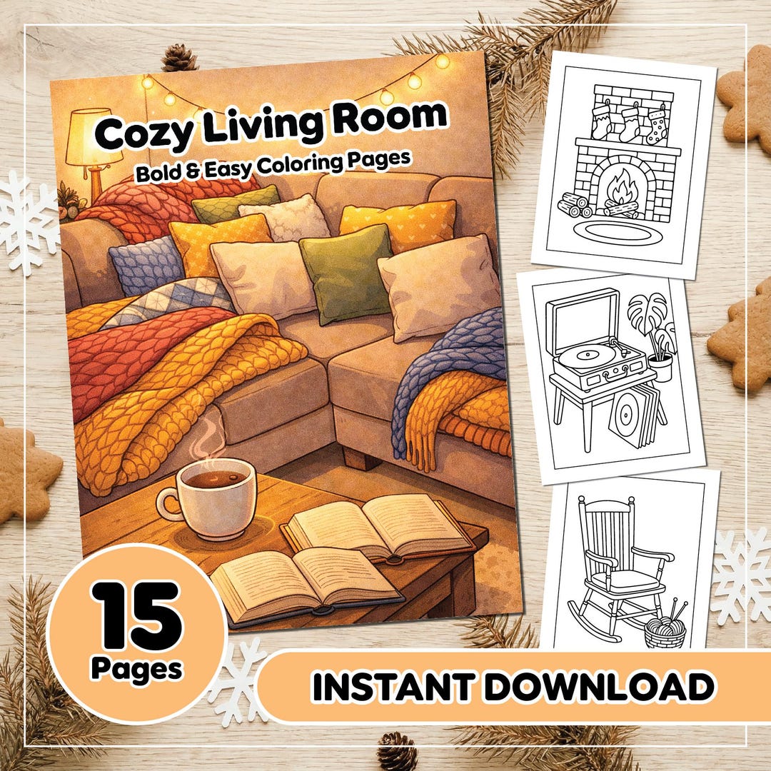 Bold and Easy Cozy Living Room Coloring Pages | Large Print Simple ...