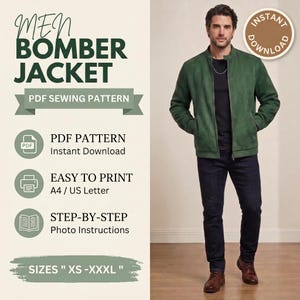 Peut inclure: Un patron de couture PDF numérique pour un blouson bomber, avec le texte MEN BOMBER JACKET, PDF SEWING PATTERN, PDF PATTERN Instant Download, EASY TO PRINT A4 / US Letter, STEP-BY-STEP Photo Instructions, et SIZES XS - XXXL.