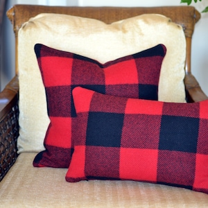 Buffalo Plaid Wool Pillow Covers ROB ROY red black check 2 sided invisible zipper Rustic Cabin Lodge Home Airstream Camper Van Pendleton