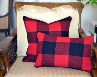 Buffalo Plaid Wool Pillow Covers ROB ROY red black check 2 sided invisible zipper Rustic Cabin Lodge Home Airstream Camper FilbertFashions