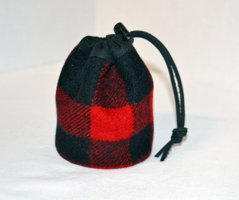 handmade drawstring bag made of Pendleton Wool Filson Blanket red and black plaid use as a golf tee bag golf balls valuable pouch great for any sport about 5 inches tall 3.5 inches wide circular bag leather drawstring golfer gift christmas