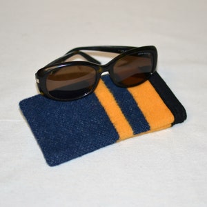 May include: A black and brown striped sunglasses case with a pair of black sunglasses on top. The case has a blue and yellow striped pattern.