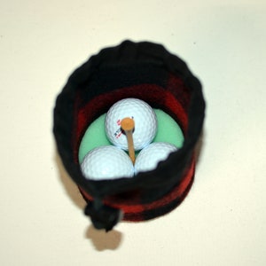 handmade drawstring bag made of Pendleton Wool Filson Blanket red and black plaid use as a golf tee bag golf balls valuable pouch great for any sport about 5 inches tall 3.5 inches wide circular bag leather drawstring golfer gift christmas