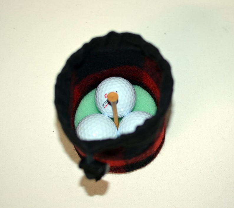 handmade drawstring bag made of Pendleton Wool Filson Blanket red and black plaid use as a golf tee bag golf balls valuable pouch great for any sport about 5 inches tall 3.5 inches wide circular bag leather drawstring golfer gift christmas