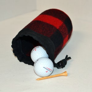 handmade drawstring bag made of Pendleton Wool Filson Blanket red and black plaid use as a golf tee bag golf balls valuable pouch great for any sport about 5 inches tall 3.5 inches wide circular bag leather drawstring golfer gift christmas
