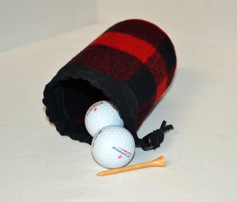 handmade drawstring bag made of Pendleton Wool Filson Blanket red and black plaid use as a golf tee bag golf balls valuable pouch great for any sport about 5 inches tall 3.5 inches wide circular bag leather drawstring golfer gift christmas