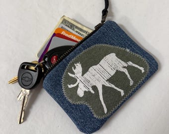 Zip Wallet - upcycled Denim & T-shirt - Moose - Winnipesaukee - Tetons - Coin Purse - Metal Zipper - Credit Cards - Grab n Go - OOAK