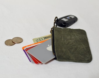 Key Fob Zip Wallet + Keychain Zipper Wallet + Waxed Cotton Canvas + Mossy Green + Trendy Metal Accents + Filbert Fashions + Handmade Oregon