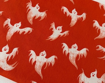 Halloween Fabric - Cotton - Ghosts - Orange and White - 1 yard - 44/ 45 inches wide - prewashed - holiday costume or decorations SUPER CUTE